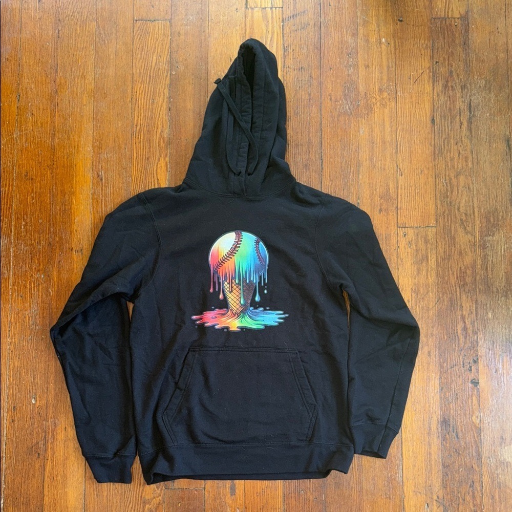 Port & Company Mens Black Melting Rainbow Baseball Ice Cream Hoodie Small
